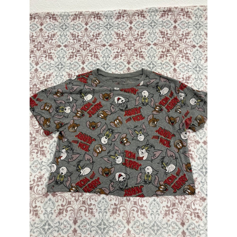 Love Tribe Tom and Jerry Cropped Graphic T-Shirt Gray XL All Over Print Cartoon